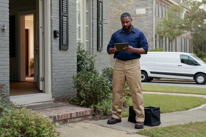Appliance repair technician checking the service order on a tablet outside a brick home