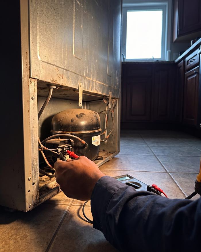 Technician's hand testing a compressor with a multimeter during a freezer repair