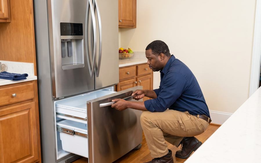Switch Appliance Repair technician kneeling to inspect an open freezer drawer in a Marietta home